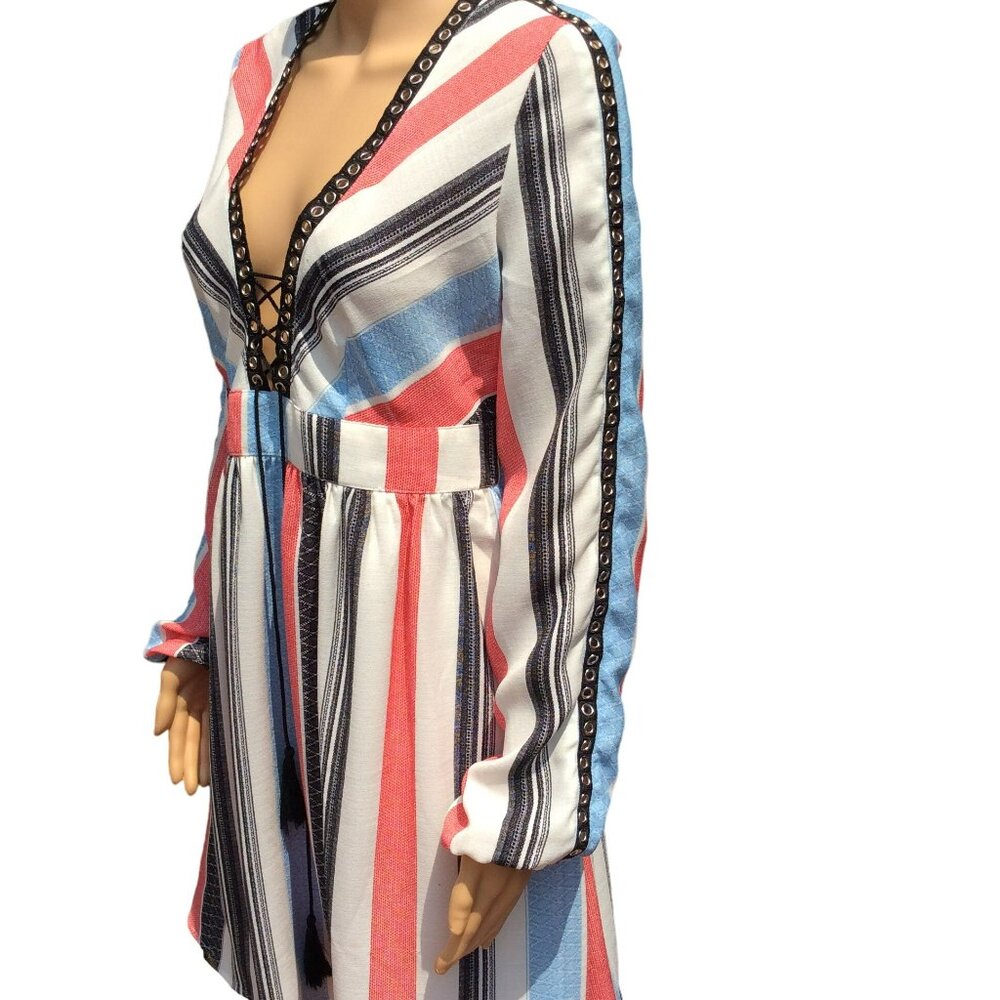 AMT Size M Long Puff Sleeve Dress Gypsy Boho Retro V-Neck Tassel Lace-up Striped - Picture 2 of 13
